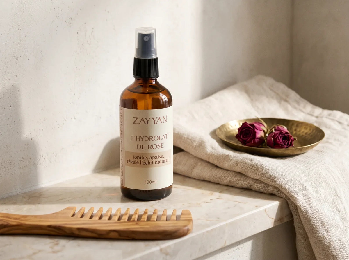 Flacon d'hydrolat de rose Zayyan sur une tablette de salle de bain, avec un peigne en bois d'olivier et des boutons de rose séchés