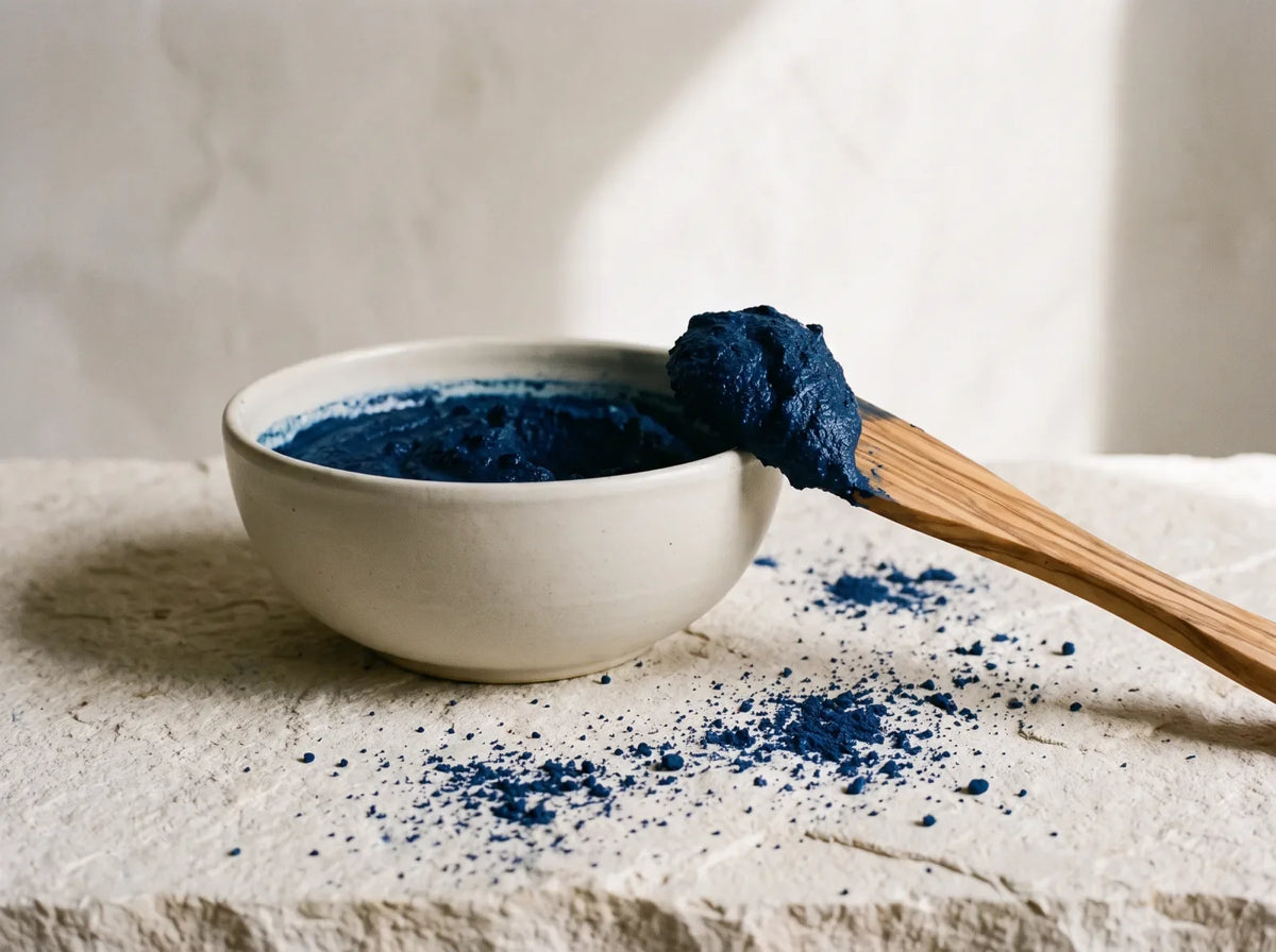 Gommage au Nila bleu indigo dans un bol de céramique claire, spatule en bois d'olivier