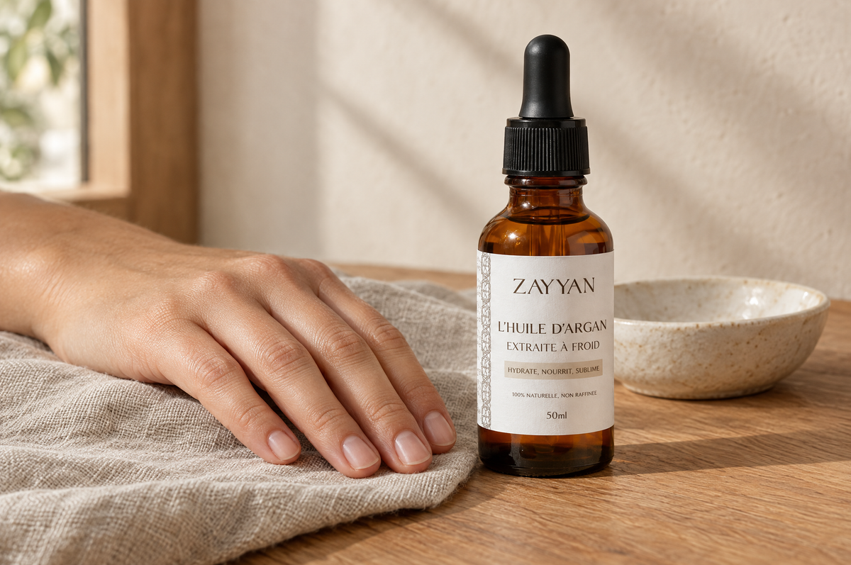 Main aux ongles courts et naturels posée sur du lin, à côté du flacon d'huile d'argan Zayyan