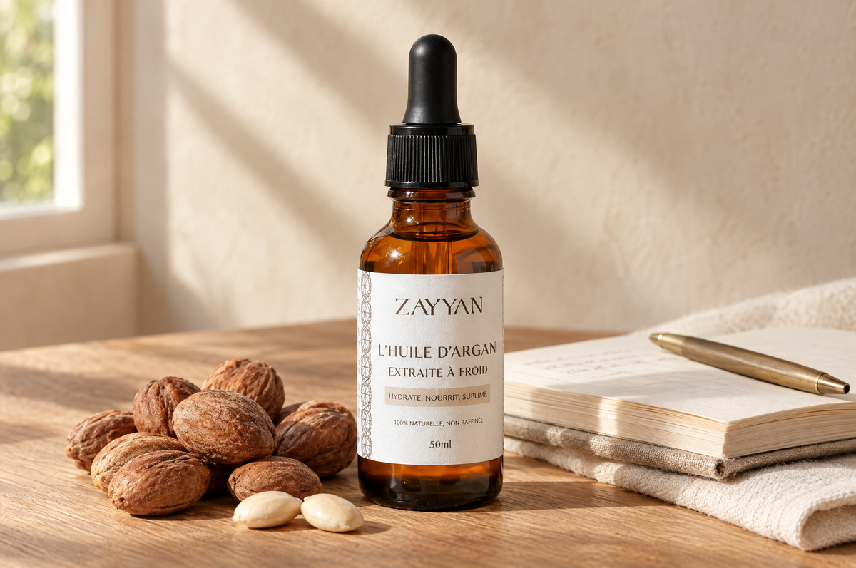 Huile d'argan bio Zayyan sur un bureau en chêne à côté d'un carnet de suivi de routine et de noix d'argan