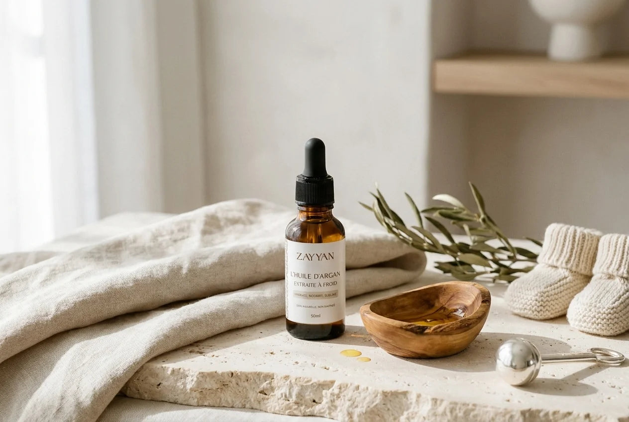 Flacon d'huile d'argan Zayyan extraite à froid posé sur du lin, à côté d'un bol en bois d'olivier et de chaussons de bébé