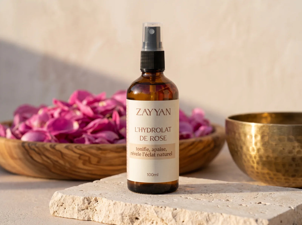 Flacon d'hydrolat de rose de Damas Zayyan devant un panier de pétales fraîchement cueillis