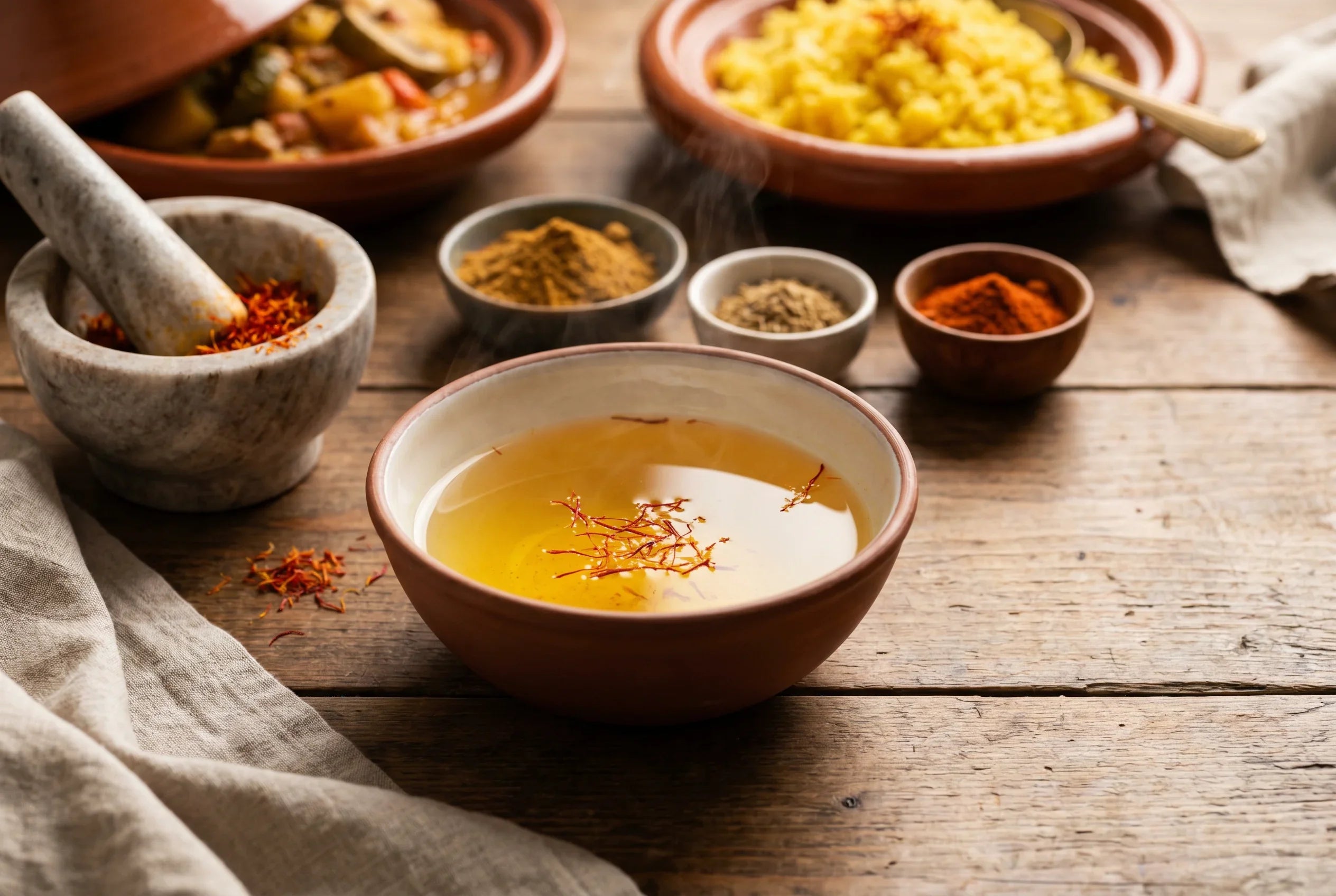 filament de safran trempé dans un bol sur une table de cuisine