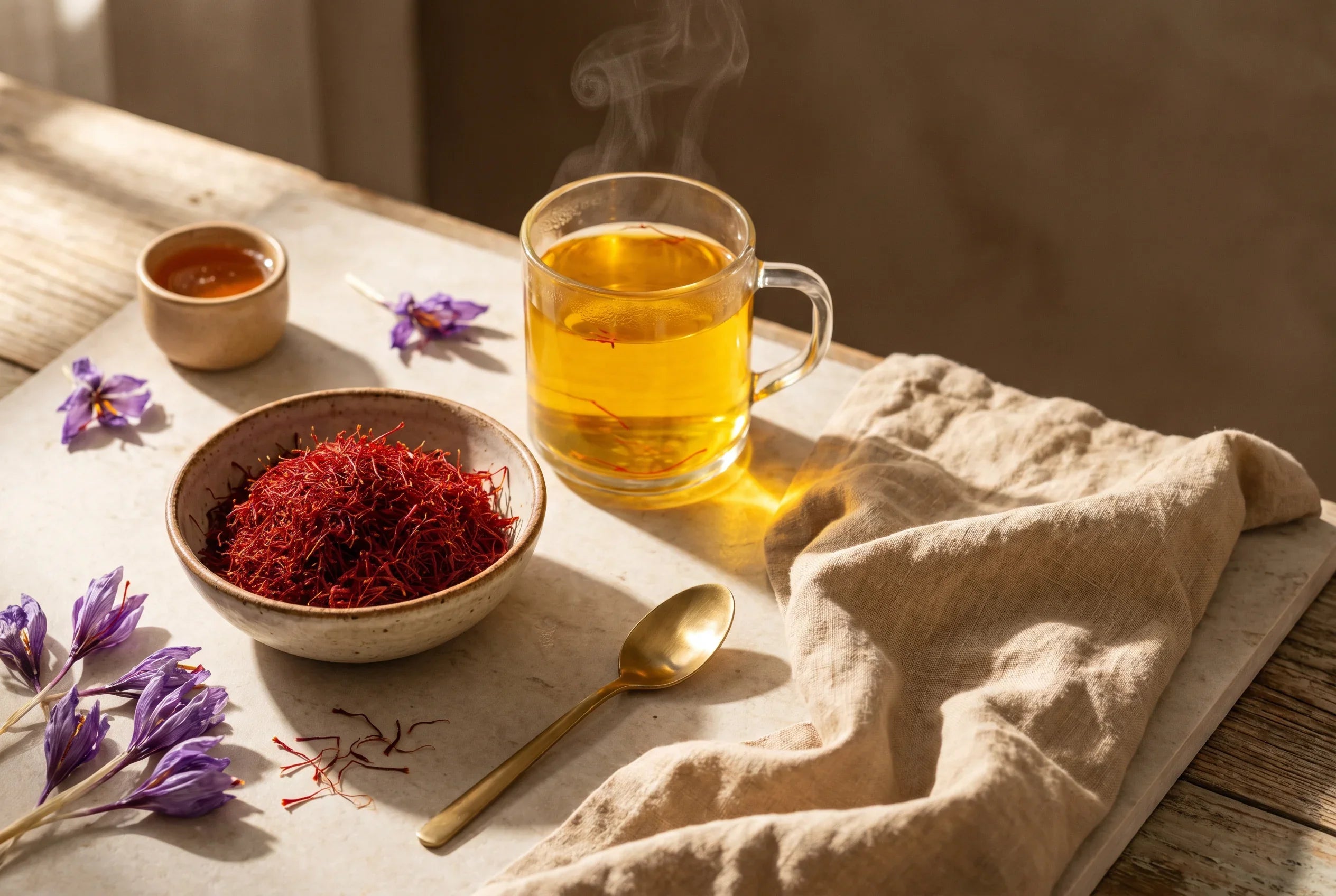 un tasse d'infusion de safran encore chaude