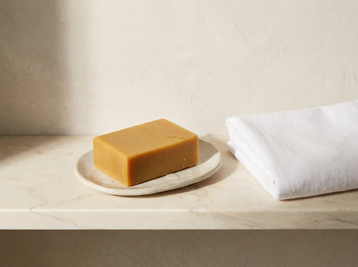 Savon au curcuma et miel ocre doré sur un porte savon en céramique, serviette blanche non tachée à côté
