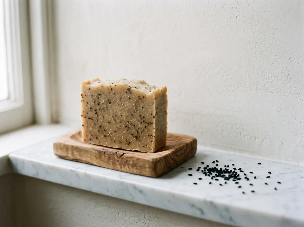 Savon à la nigelle sur un porte savon en bois d'olivier, graines de nigelle noires dispersées sur la pierre