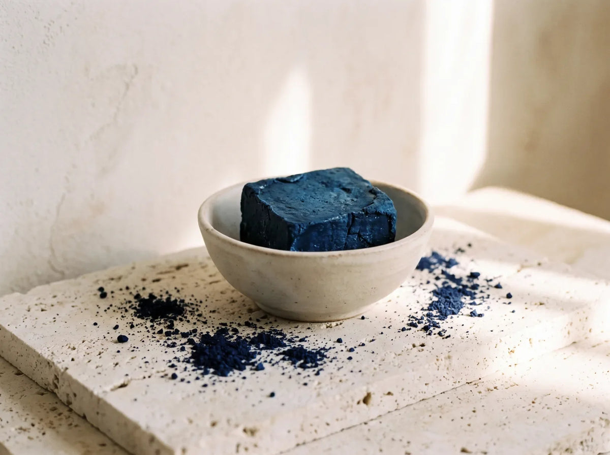 Bloc de savon au Nila bleu indigo dans un bol de céramique claire, grains de pigment sur la pierre