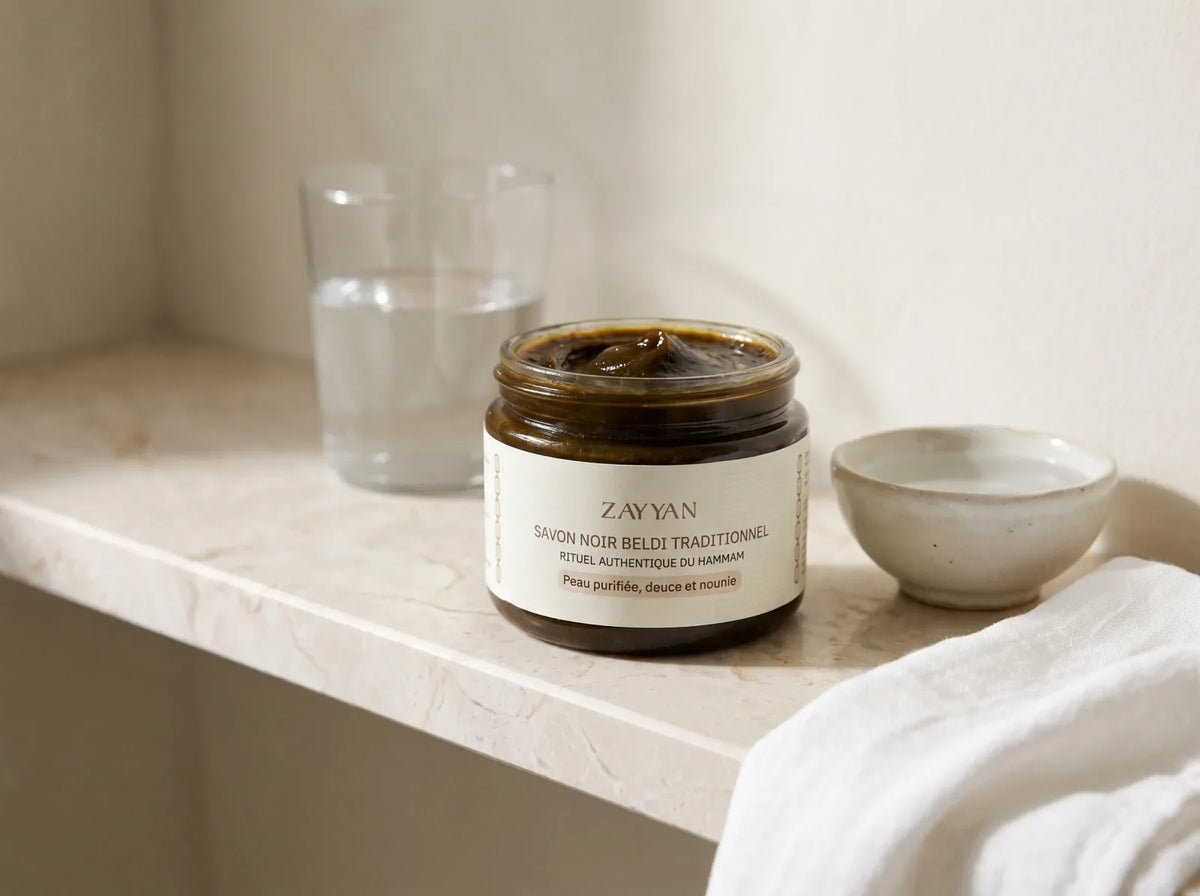 Pot de savon noir Zayyan sur une tablette de salle de bain avec un bol d'eau claire et un linge de coton blanc