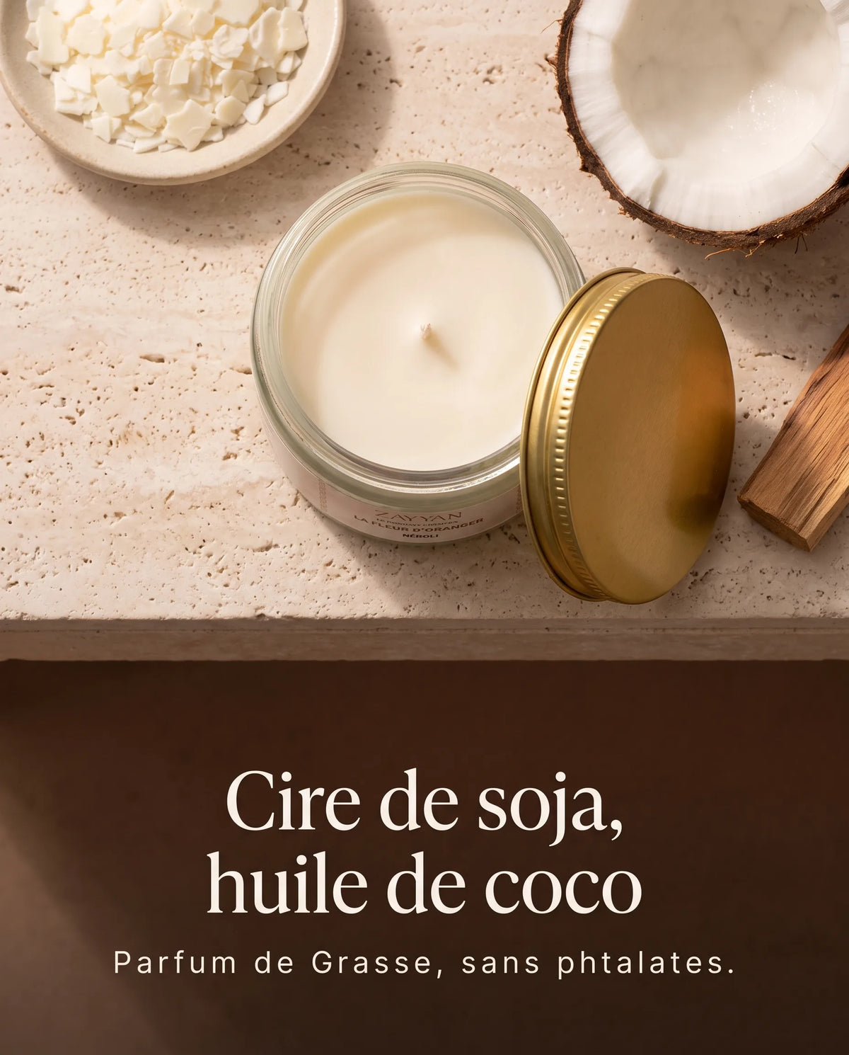 Composition du fondant crémeux Zayyan, cire de soja et huile de coco