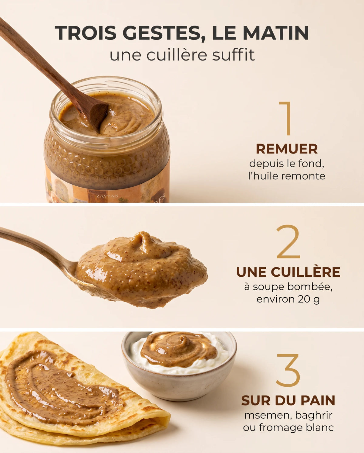 L'amlou en trois gestes : remuer depuis le fond, une cuillère, sur du pain ou du fromage blanc