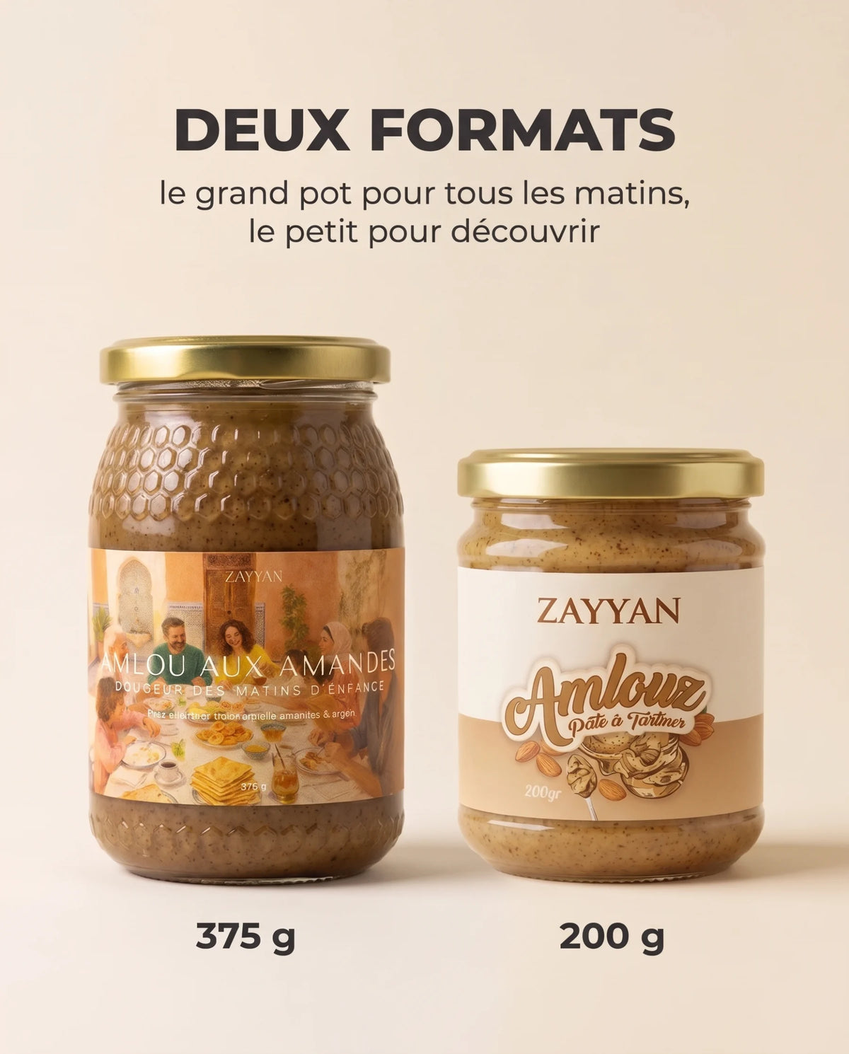 Les deux formats d'amlou Zayyan côte à côte : le grand pot de 375 g et le pot de 200 g