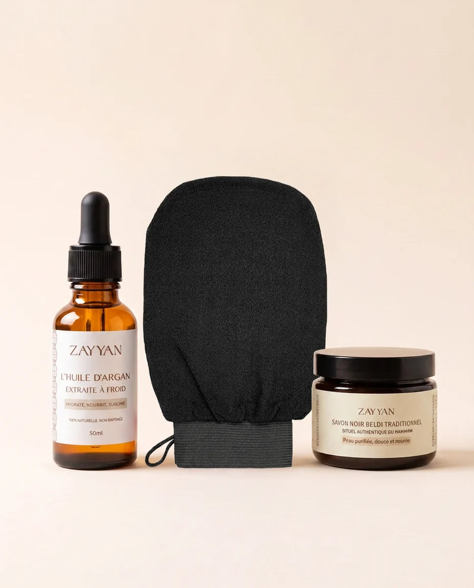 Pack hammam Zayyan : huile d'argan, gant kessa et savon noir beldi traditionnel
