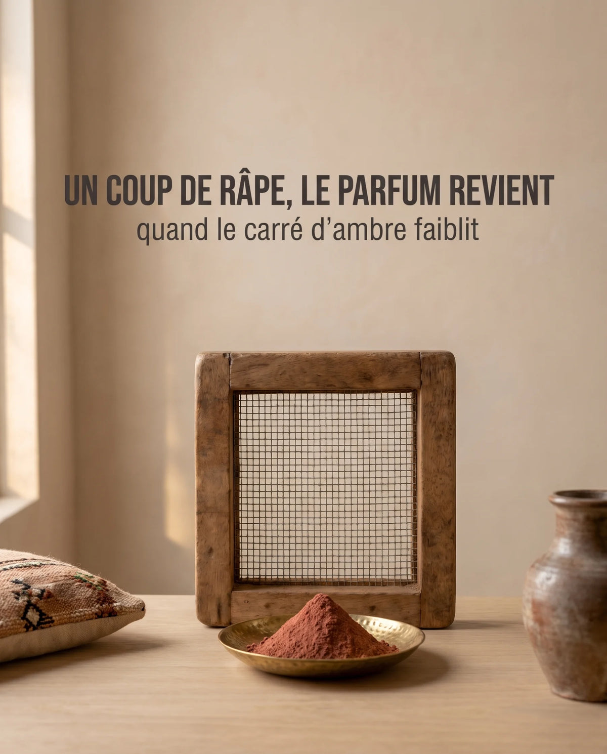 Râpe en bois Zayyan sur une console en chêne, une coupelle en laiton de poudre d'ambre