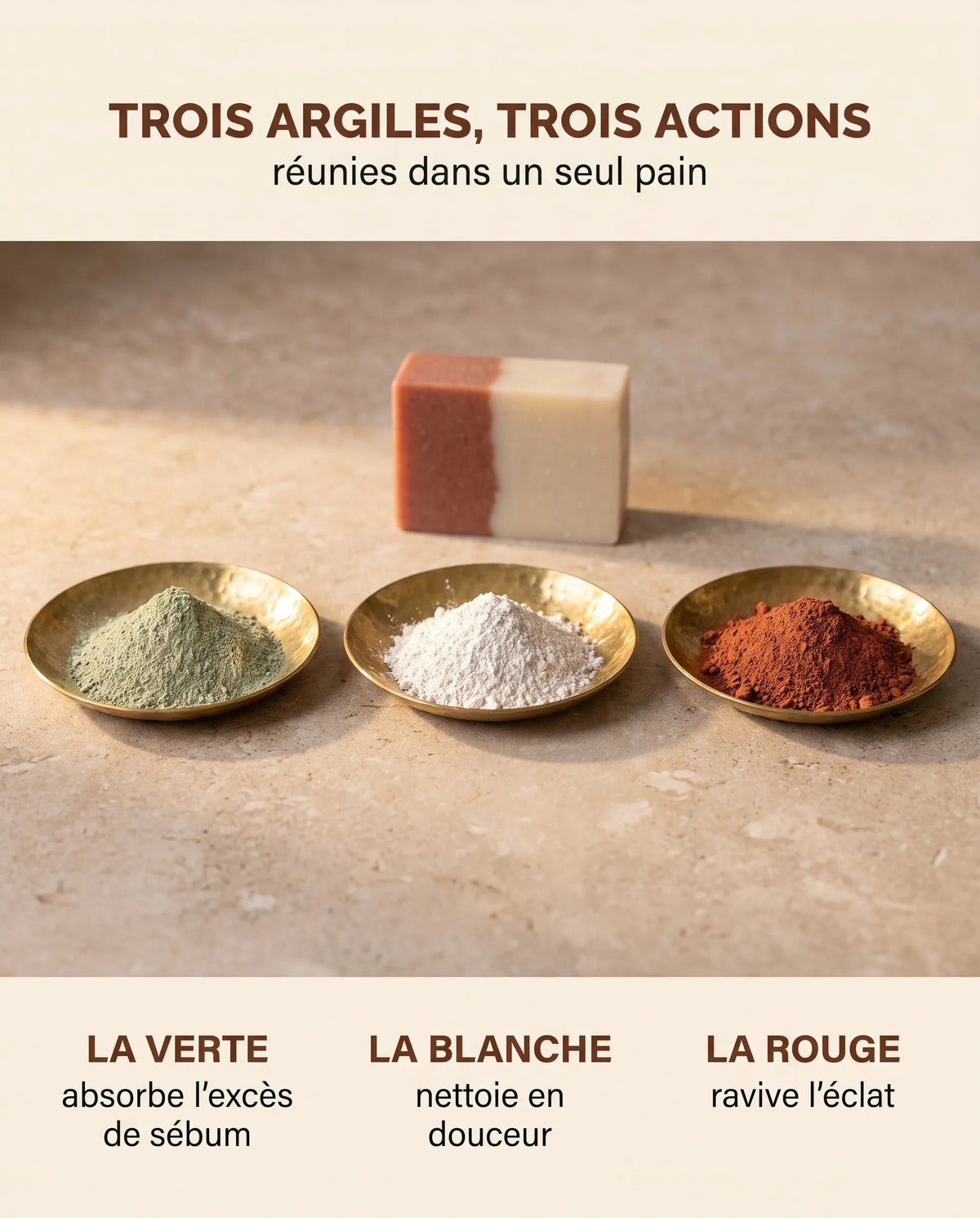 Argile verte, blanche et rouge : absorbe l'excès de sébum, nettoie en douceur, ravive l'éclat