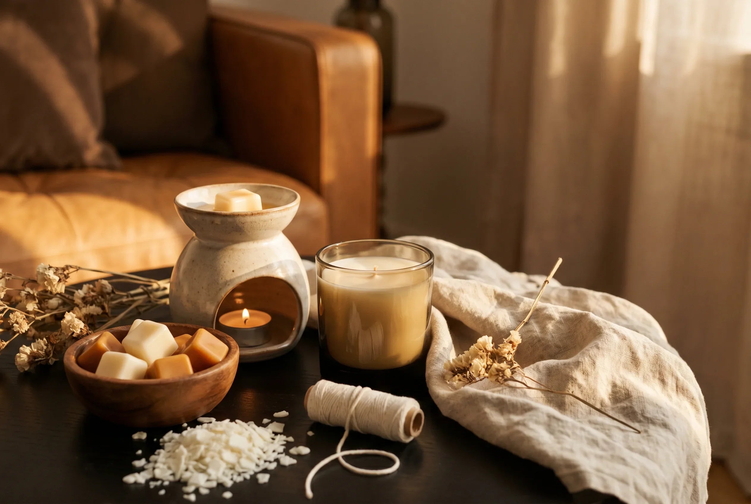 une table basse de salon avec une bougie parfumé et un bruleur à fondant parfumé