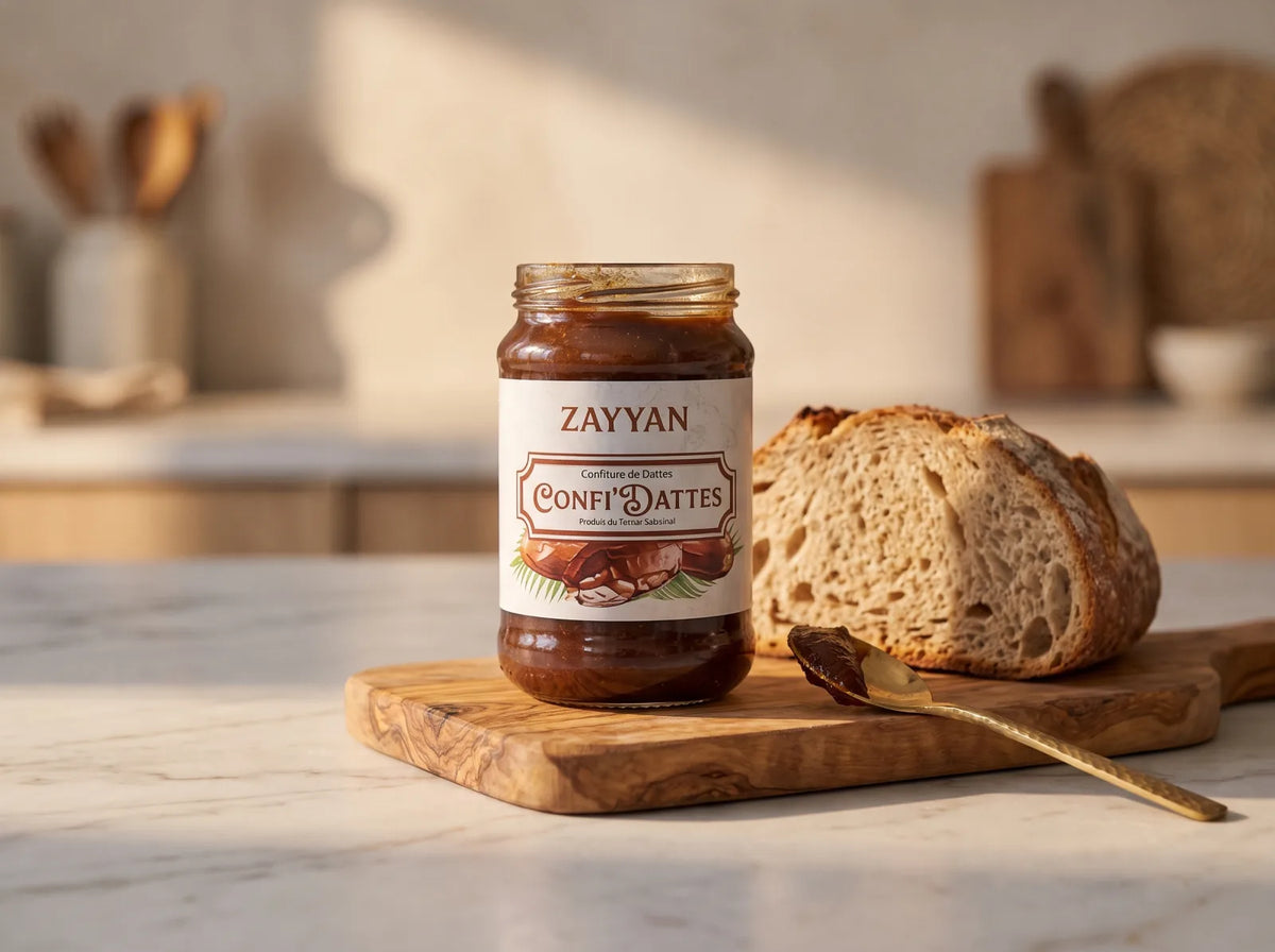 Pot de confiture de dattes Zayyan ouvert sur une planche en bois avec une tranche de pain de campagne