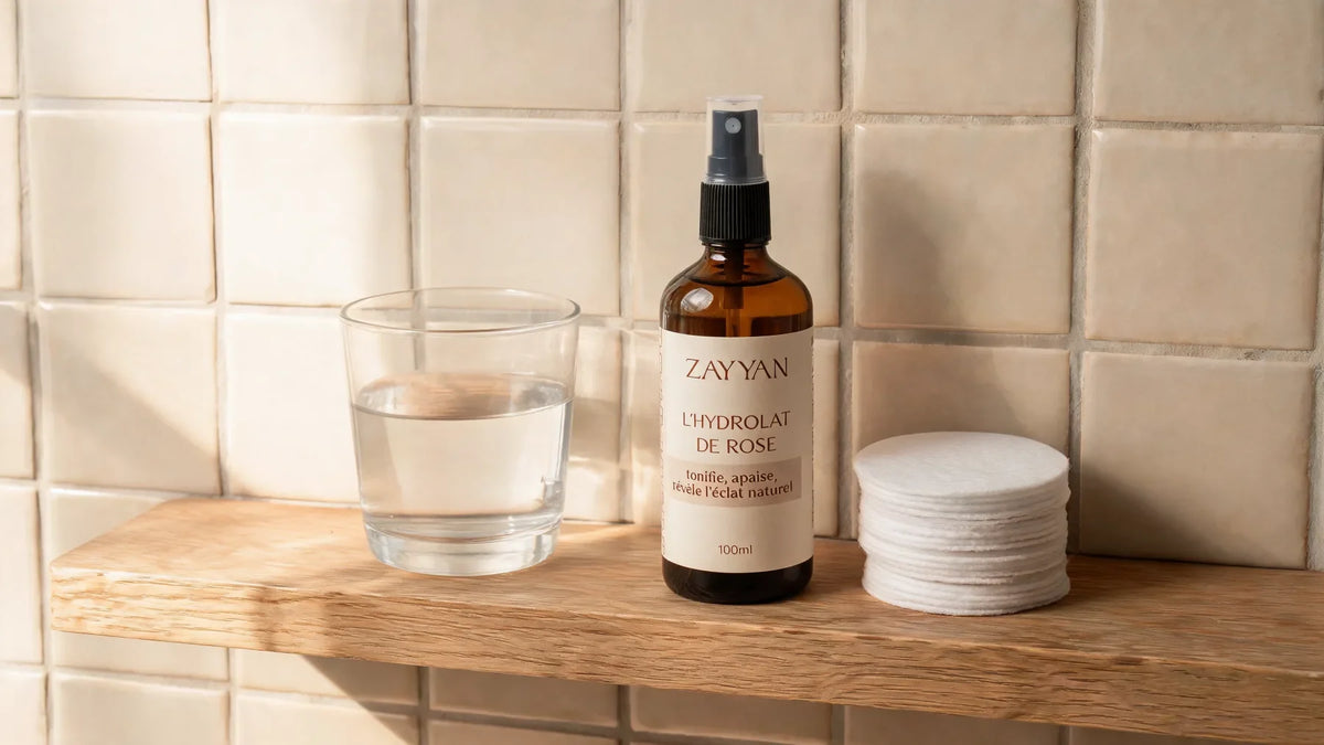 Flacon d'hydrolat de rose de Damas Zayyan sur une étagère de salle de bain, cotons blancs et verre d'eau