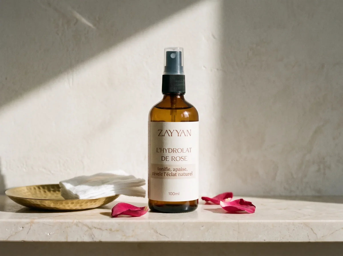 Flacon d'eau de rose Zayyan sur une tablette de marbre avec un coton et des pétales de rose de Damas