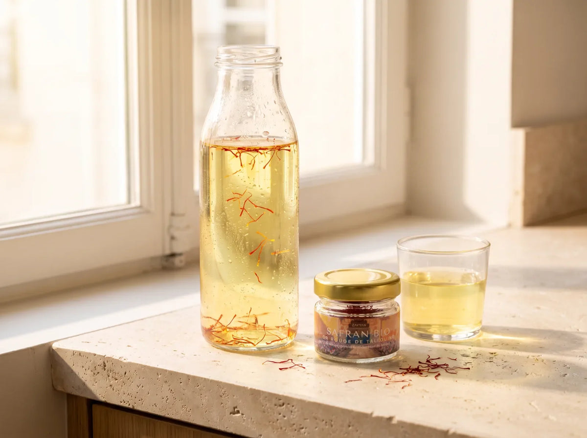 Bouteille d'eau safranée sortie du réfrigérateur et pot de safran de Taliouine Zayyan sur un plan de travail en pierre