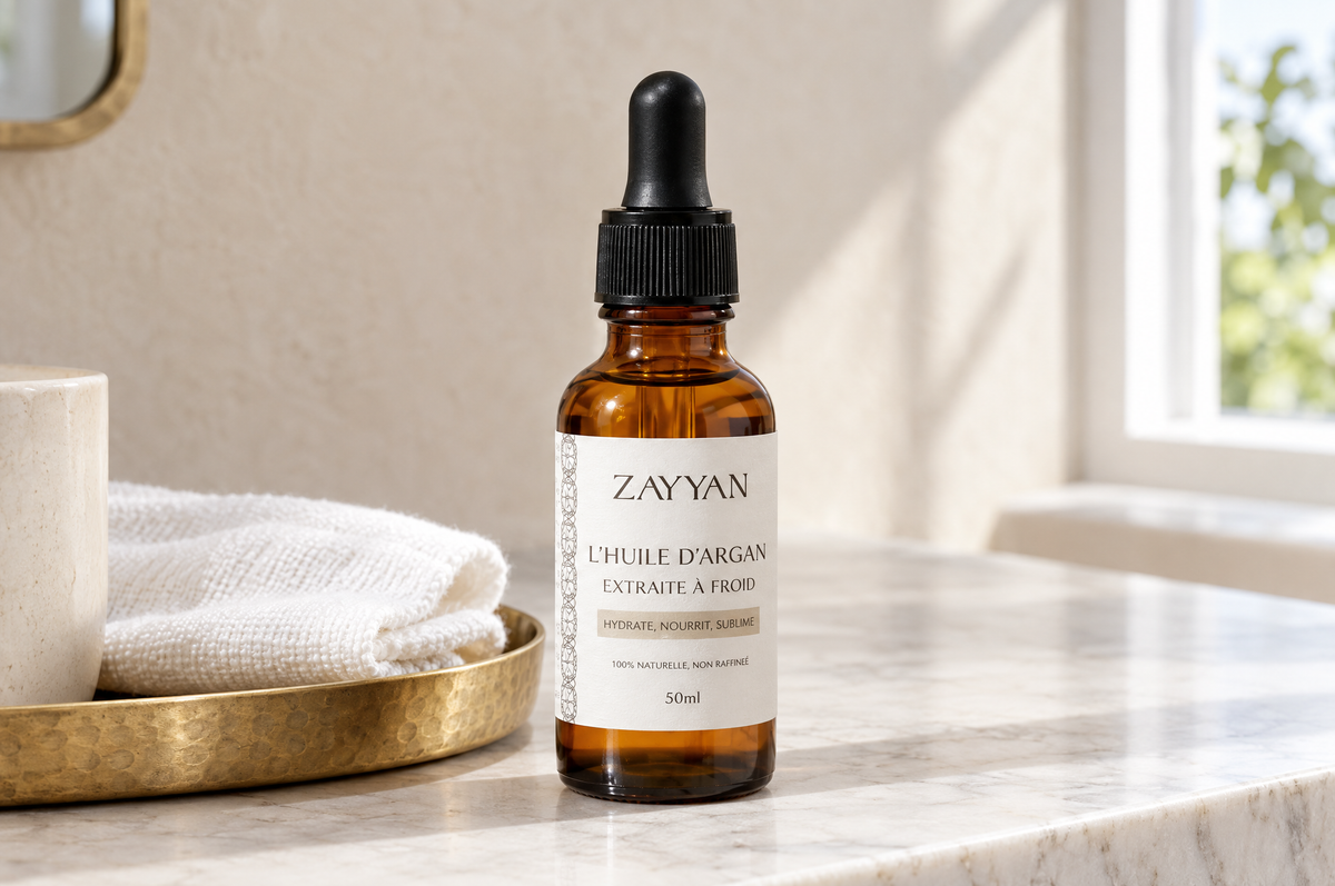 Flacon d'huile d'argan bio Zayyan sur un plan de marbre clair, lumière du matin