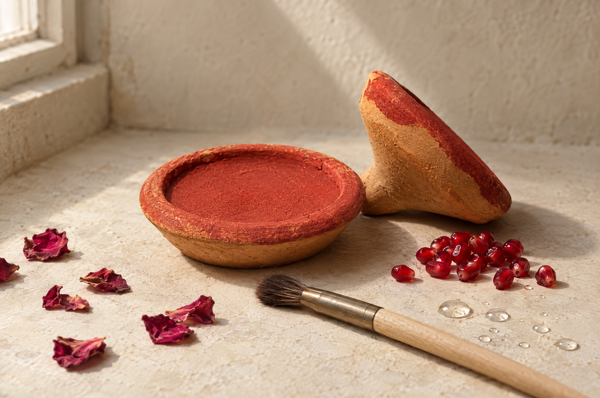 Tajine en terre cuite d'Aker Fassi ouvert, son couvercle et un pinceau à lèvres posés à côté