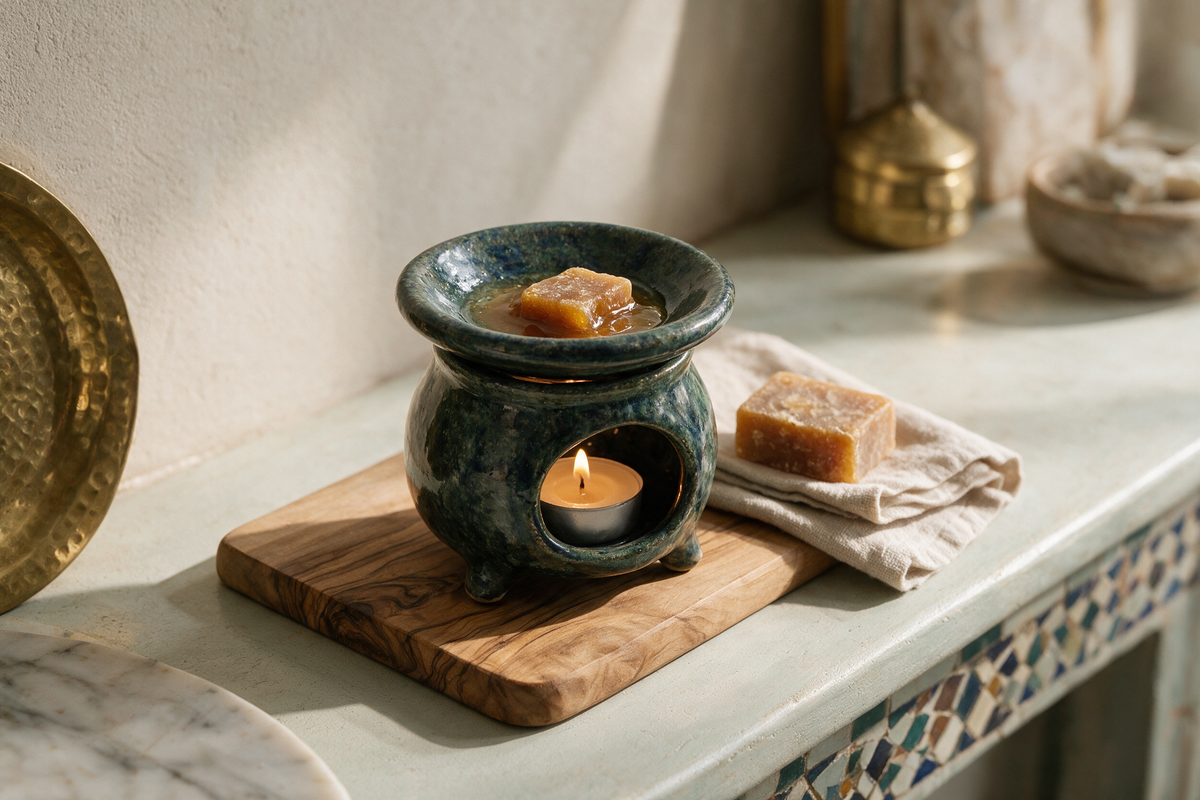 Carré d'ambre en train de fondre dans la coupelle d'un brûle-parfum en poterie de Marrakech