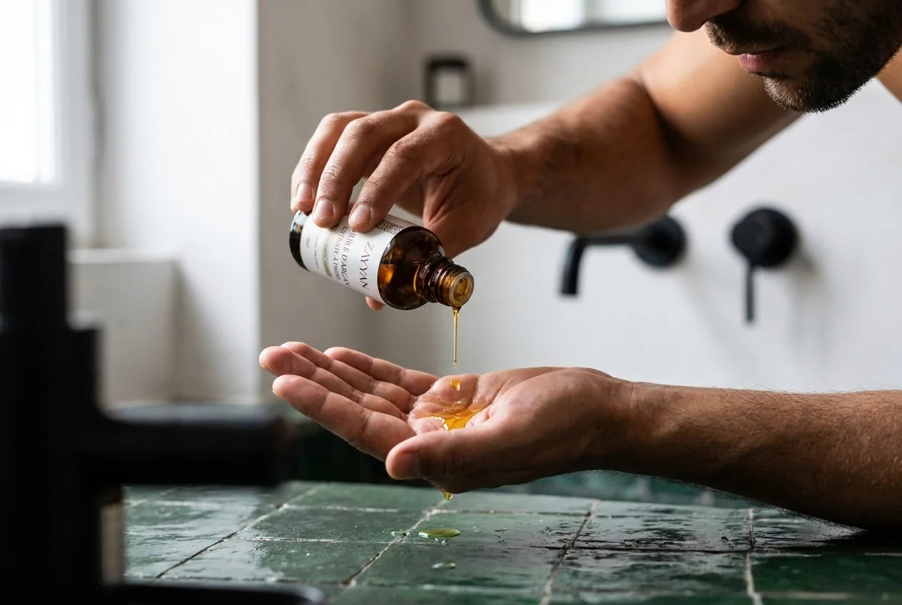 Homme versant quelques gouttes d'huile d'argan Zayyan dans le creux de sa main, sur un plan de travail en zellige vert