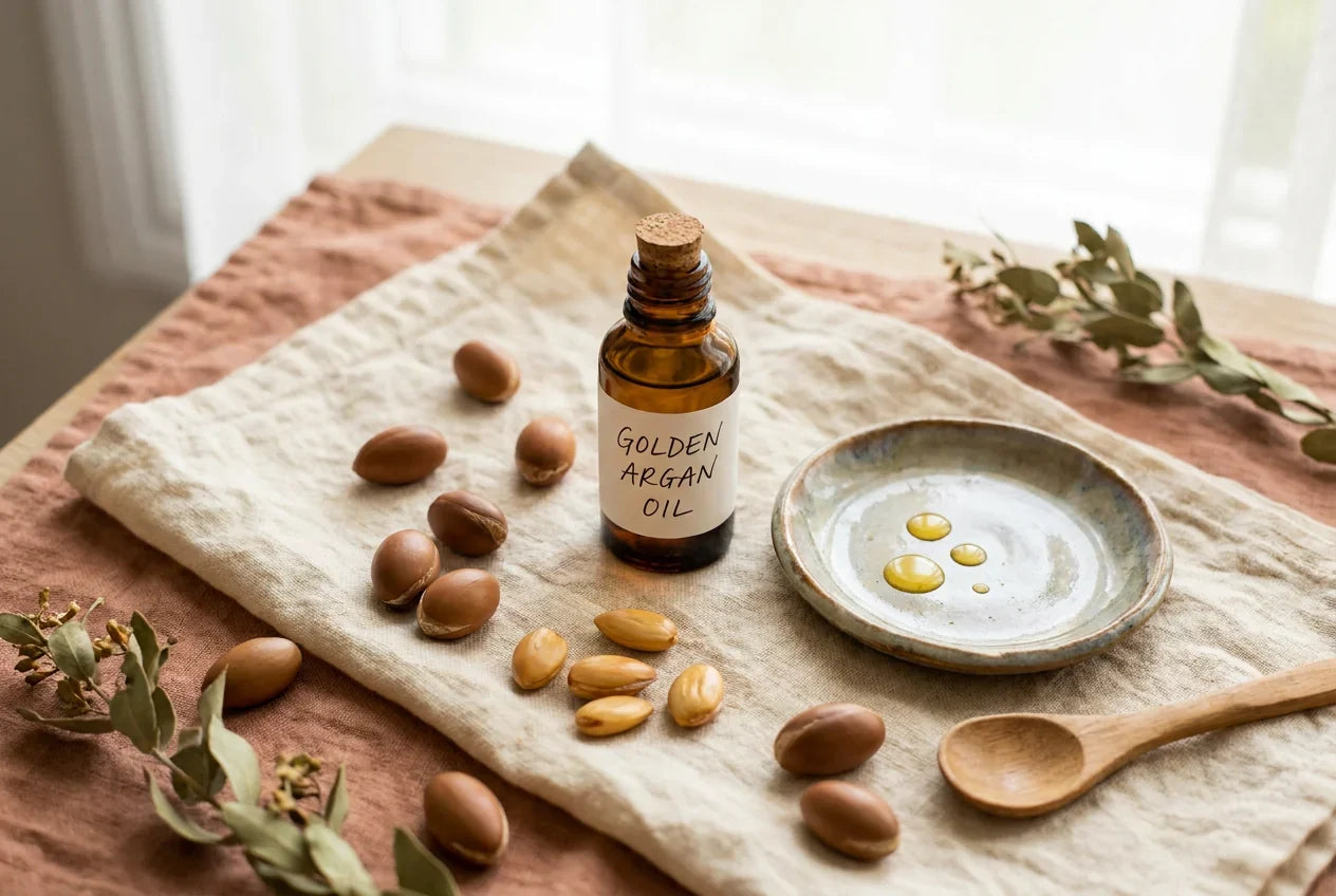fiole d'huile d'argan disposé au centre d'ingrédient noble pour le soin du corps