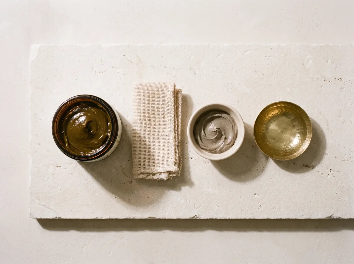 Les quatre étapes du rituel beauté marocain à plat sur la pierre : savon noir, gant kessa, argile et eau