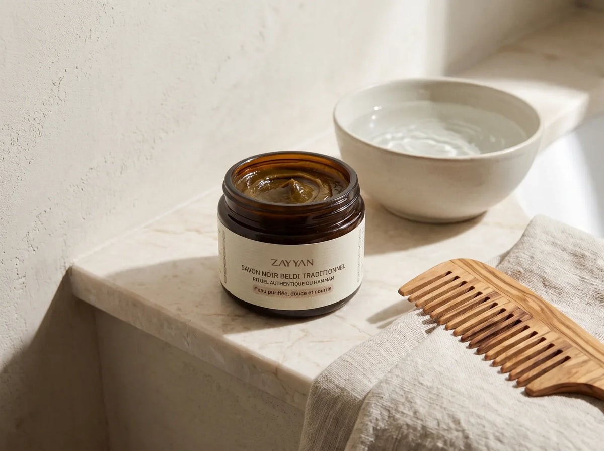 Pot de savon noir Zayyan ouvert sur une tablette de salle de bain, avec un peigne en bois d'olivier et une serviette de lin