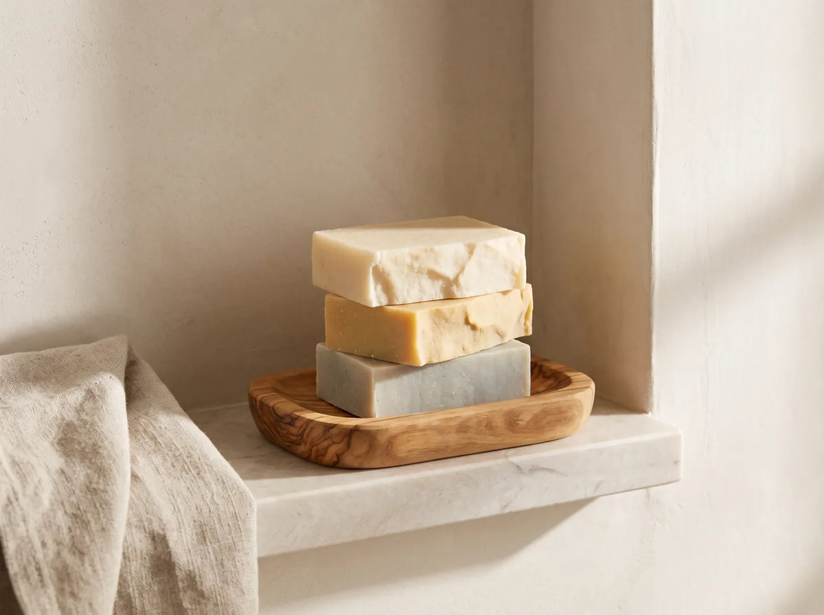 Trois savons saponifiés à froid crème, ocre et gris pâle empilés sur un porte savon en bois d'olivier