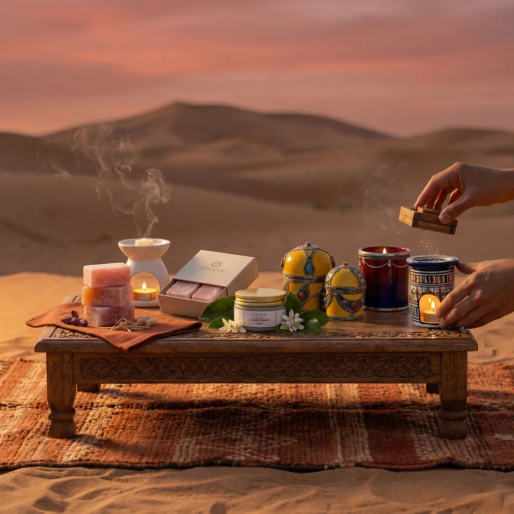 Carrés d'ambre + brûleur laiton allumé + lin. Ambiance cosy dorée.