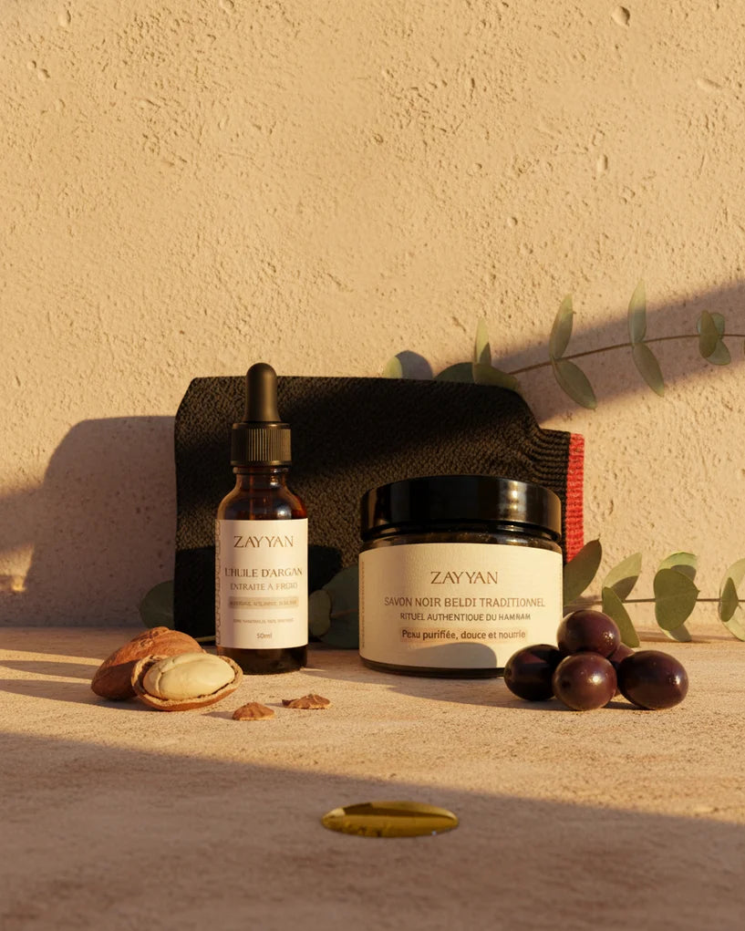 Pack hammam Huile d'Argan - Savon noir corps - Gant kessa