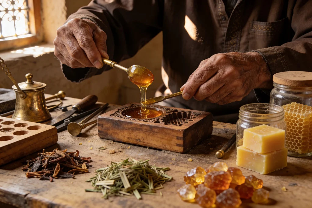 un artisan marocain faisant couler la cire chaude pour produire le fondant parfumé à la main
