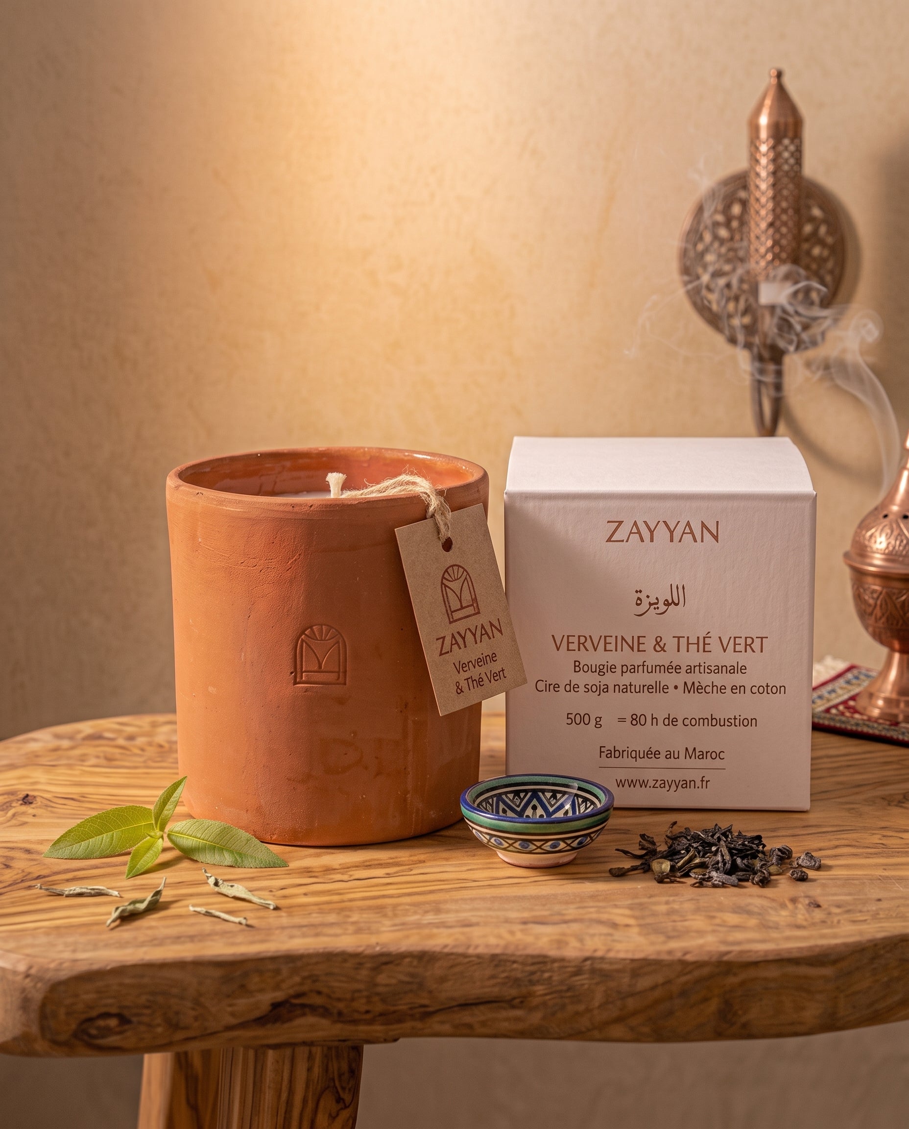 Louiza - Bougie parfumée verveine & thé vert, pot en terre cuite marocaine