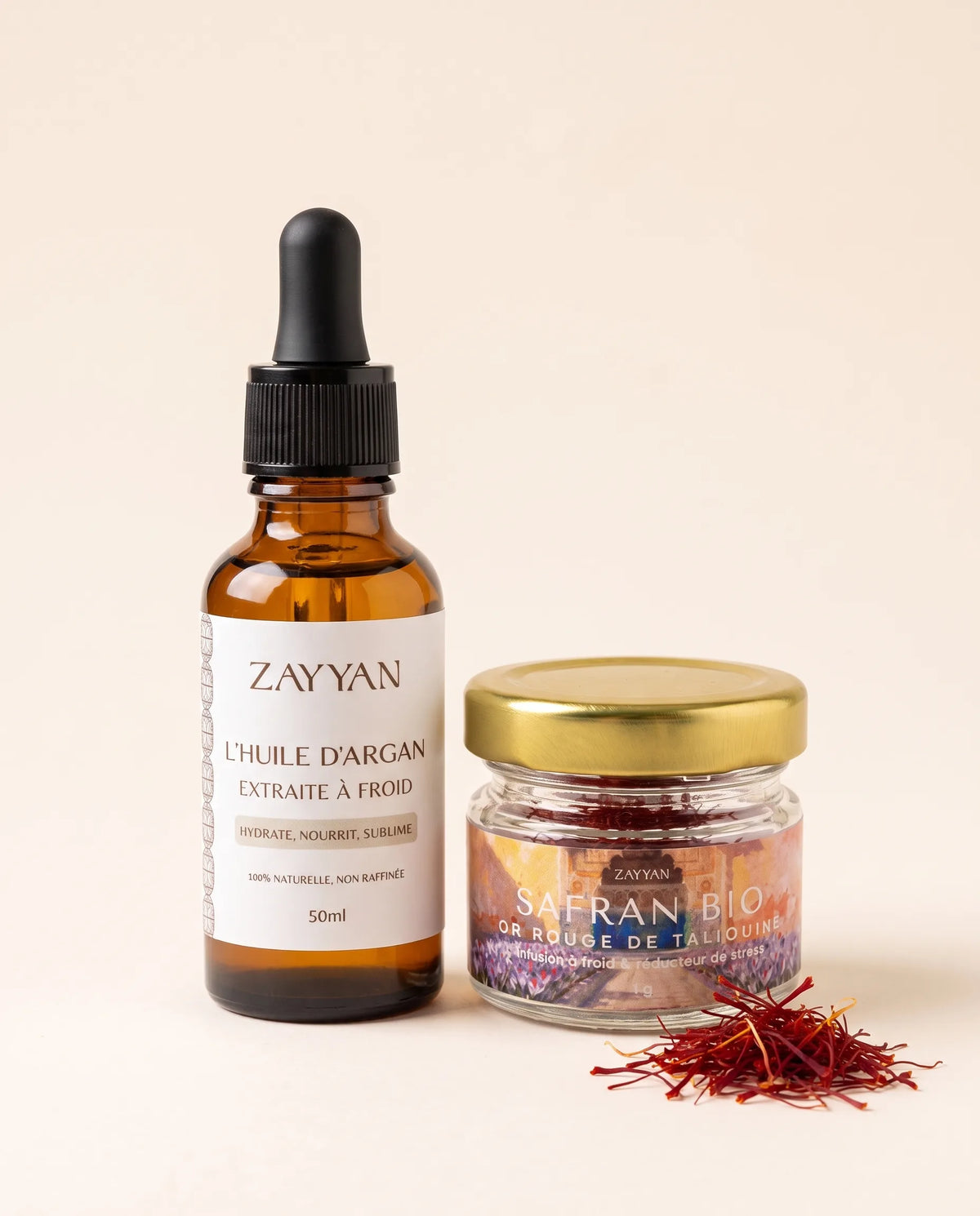 Coffret Cure Zayyan : huile d'argan extraite à froid 50 ml et un gramme de safran bio de Taliouine