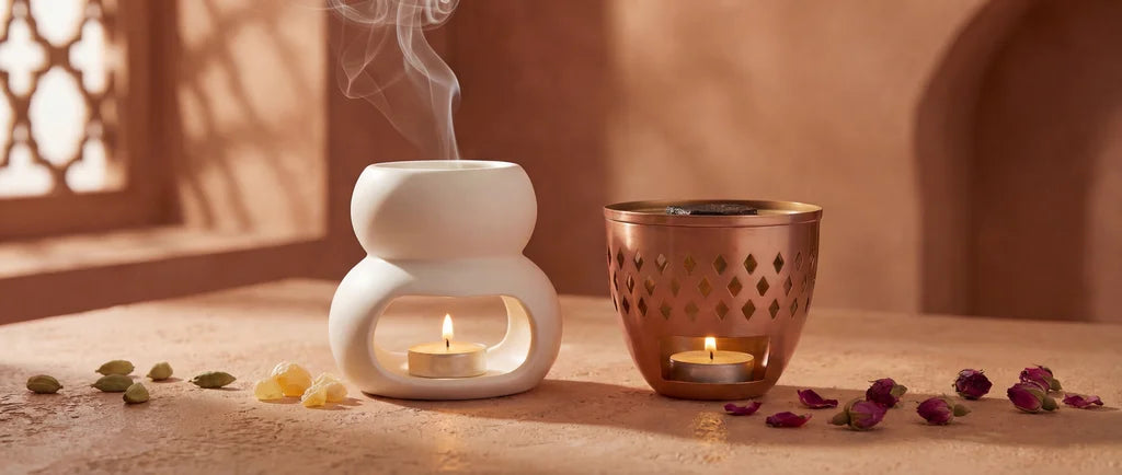 Brûleur à parfum en céramique et bruleur à fondant parfumés cuivré avec bougie chauffe plat