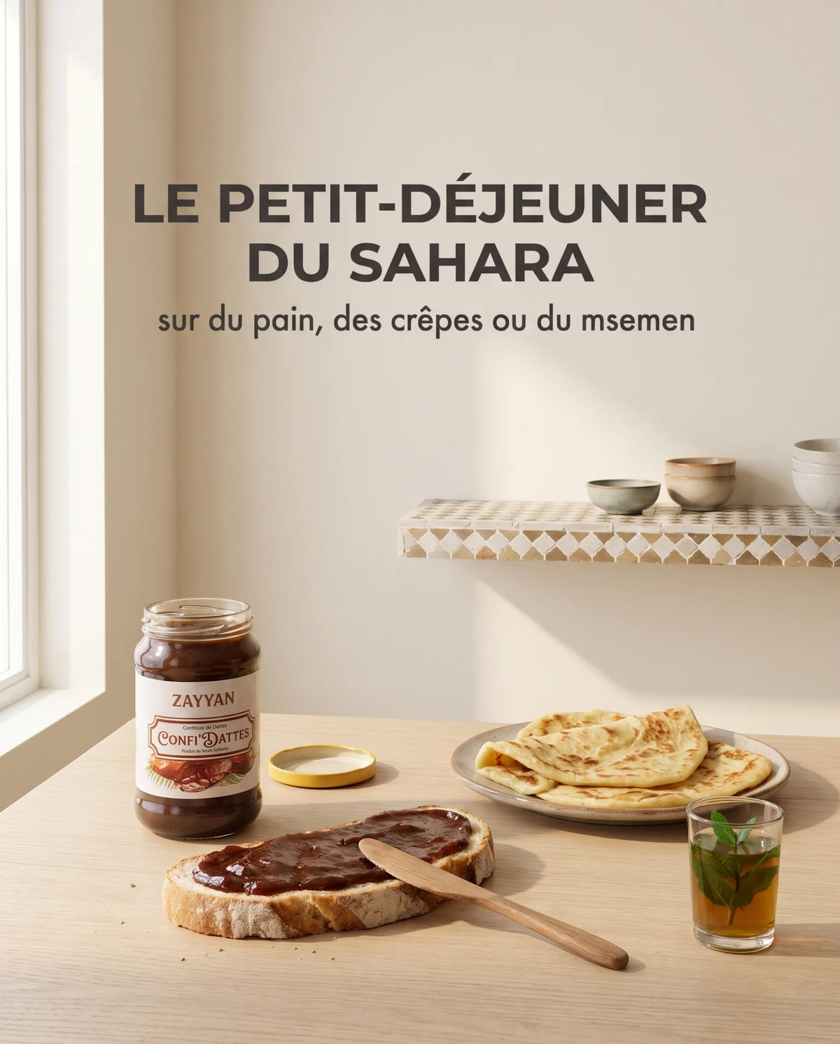 Confiture de dattes Zayyan au petit-déjeuner, tartine, msemen et thé à la menthe