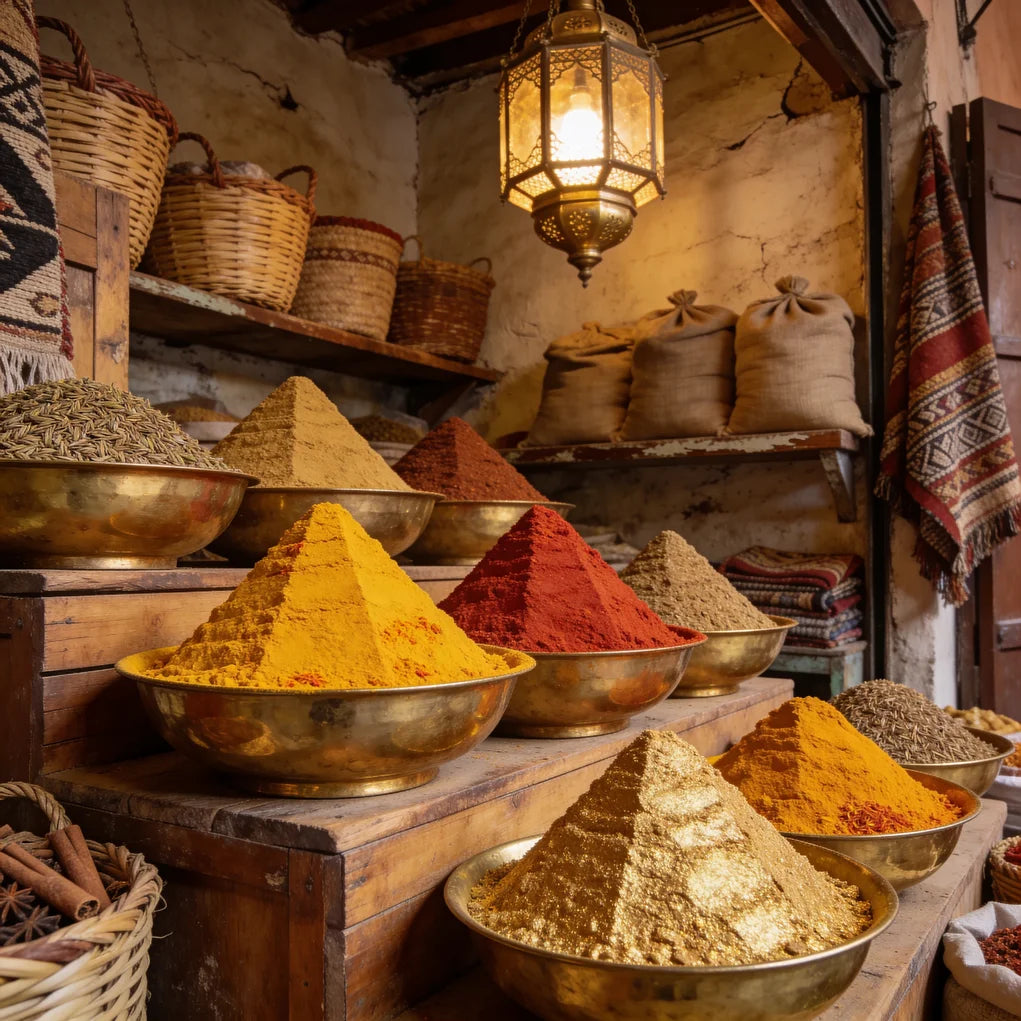 Safran + thé + cannelle sur bois d'olivier + zellige. Ambiance cuisine artisanale.