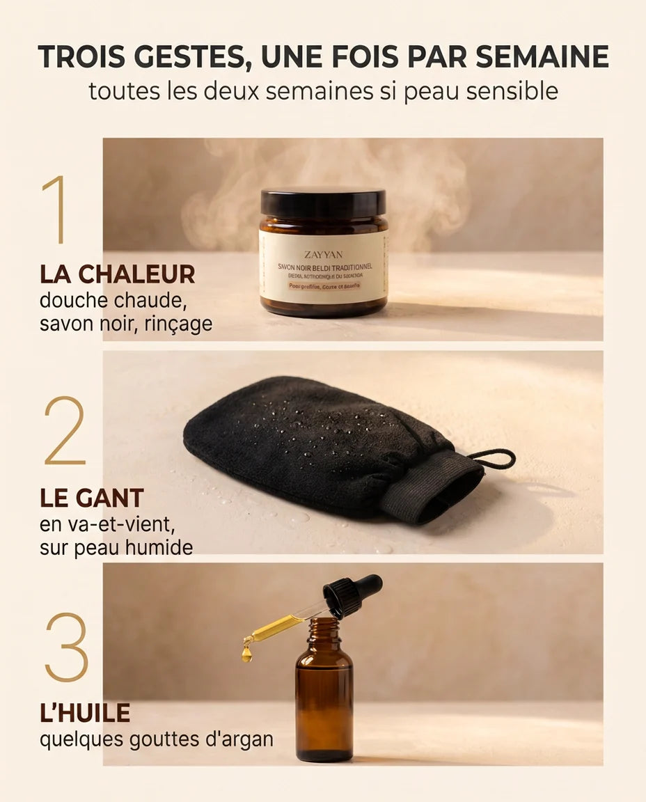 Mode d'emploi du gant kessa : douche chaude, va-et-vient sur peau humide, huile d'argan