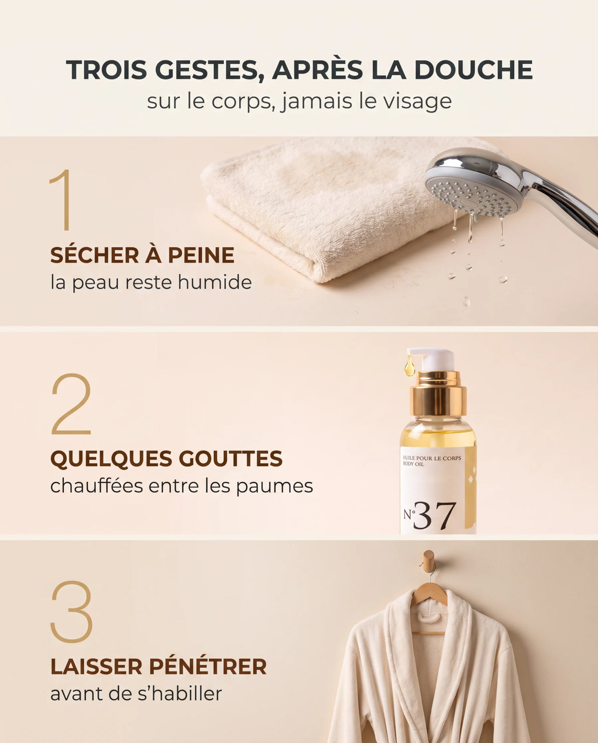 Mode d'emploi de l'huile d'amande douce parfumée : sécher à peine, quelques gouttes, laisser pénétrer