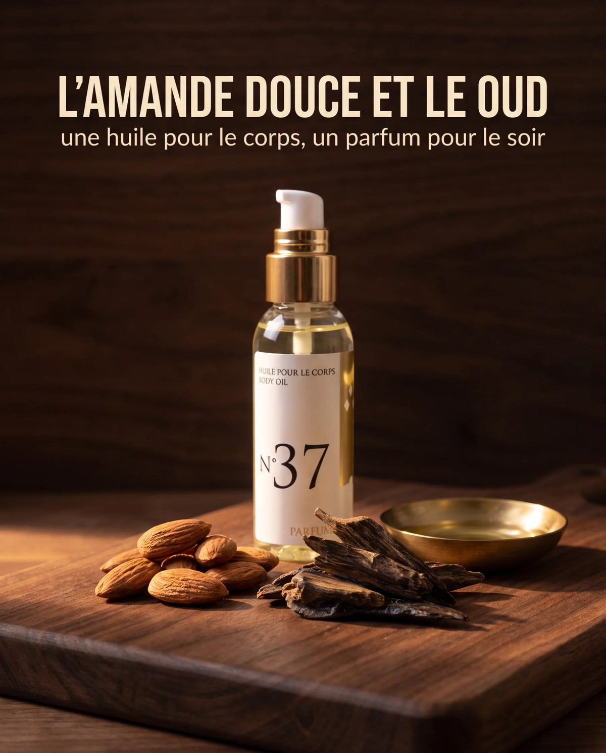 Amandes douces et morceaux de bois de oud devant le flacon d'huile parfumée