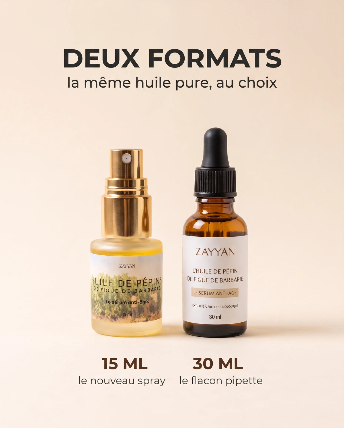 Huile de pépins de figue de barbarie Zayyan en deux formats, spray de 15 ml et flacon pipette de 30 ml