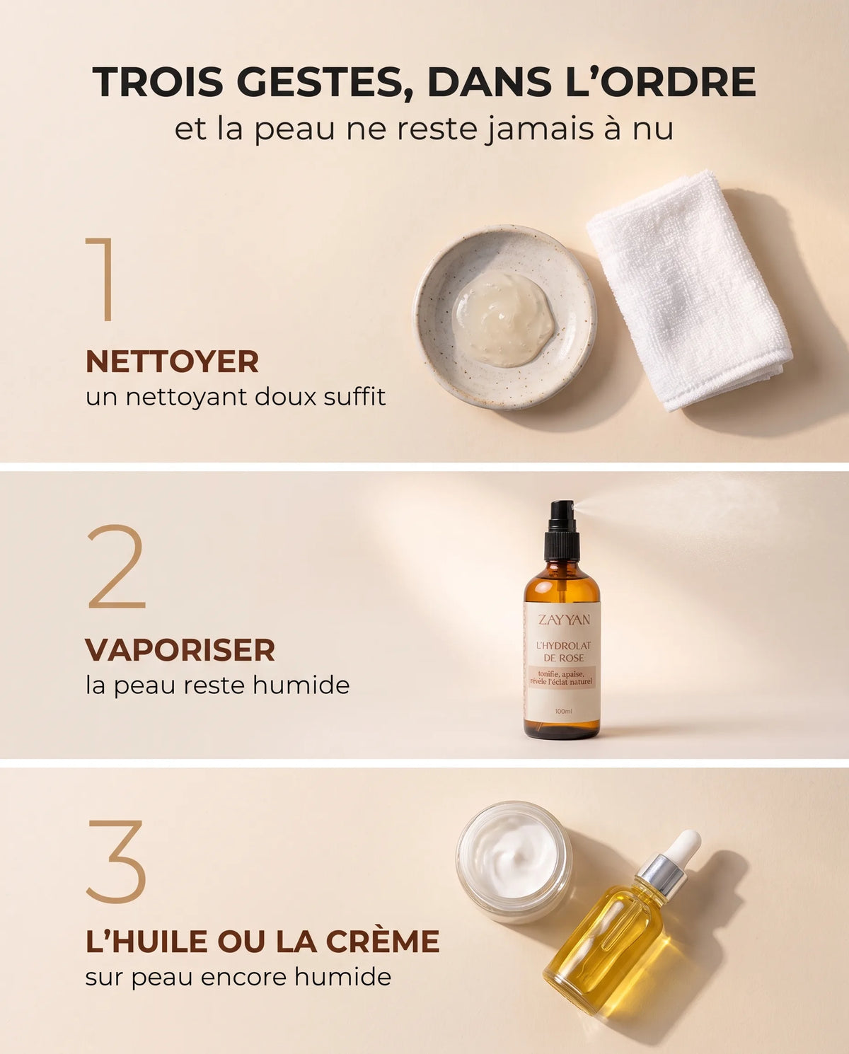 Mode d'emploi de l'hydrolat de rose en trois gestes : nettoyer, vaporiser, huile ou crème