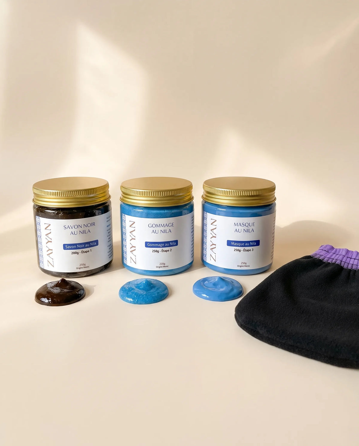 Pack Nila Bleu Zayyan : savon noir, gommage et masque au Nila, gant kessa offert