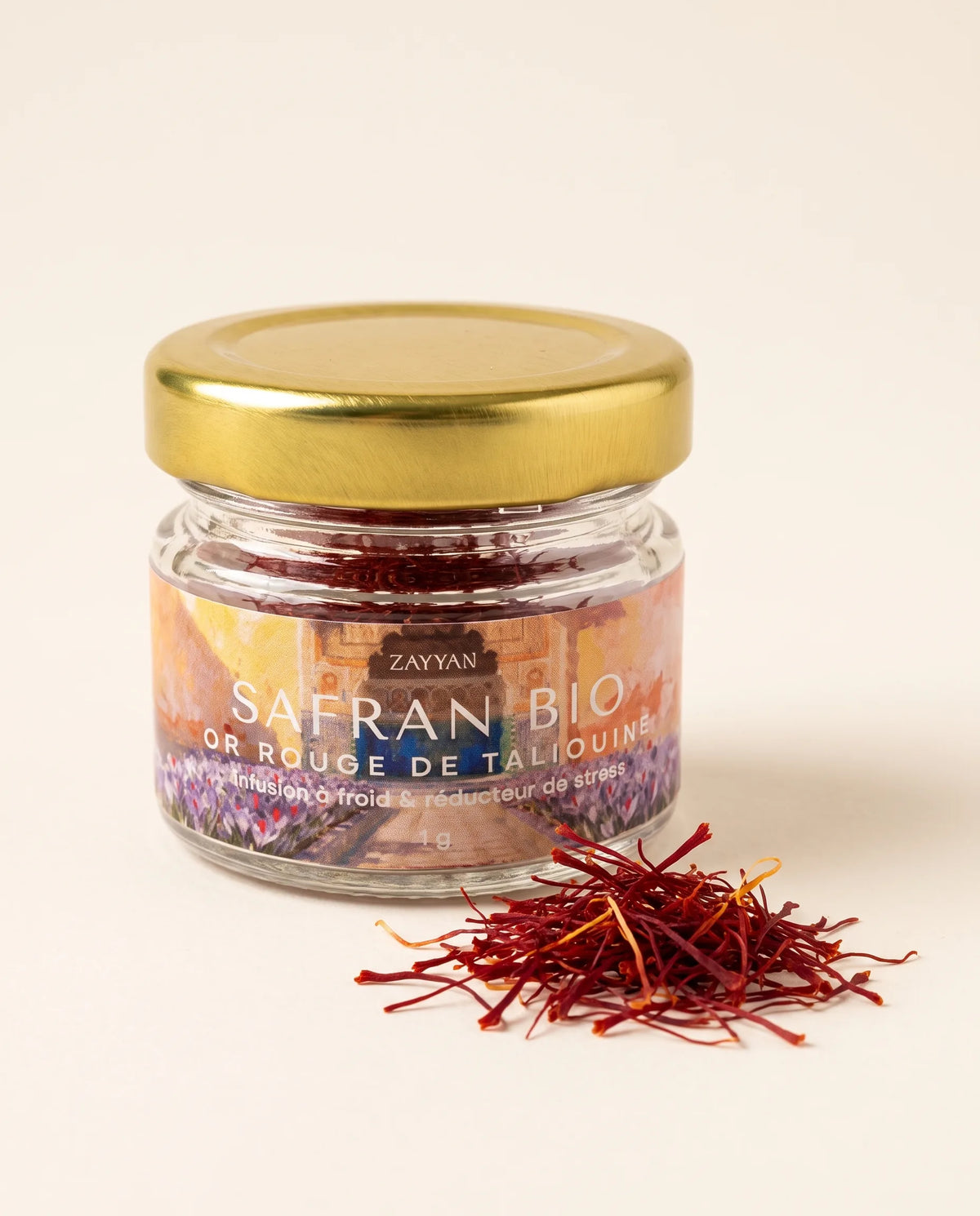 Safran bio de Taliouine Zayyan, pot en verre de 1 g et filaments rouges