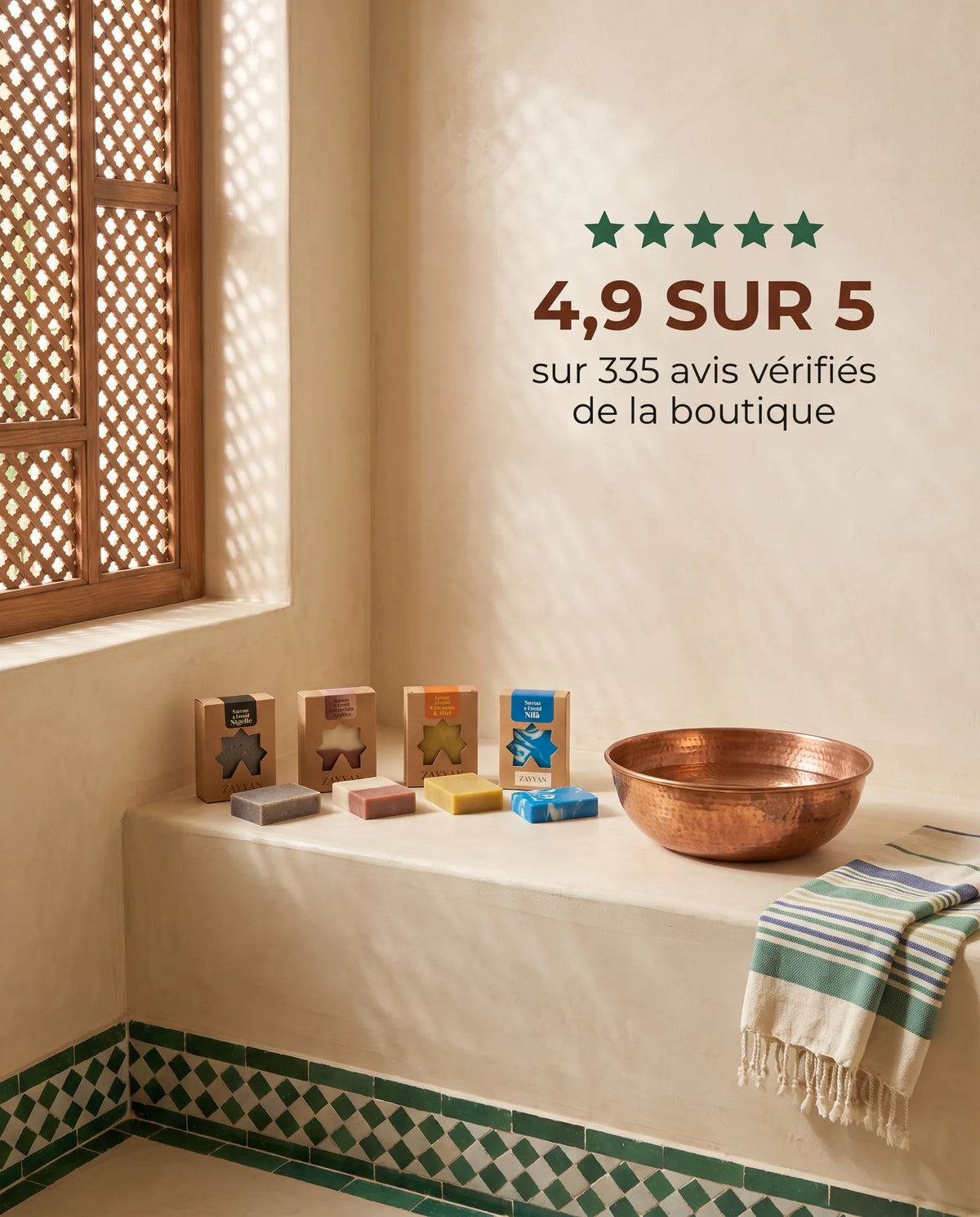 Savons à froid Zayyan dans un coin hammam marocain, note de 4,9 sur 5