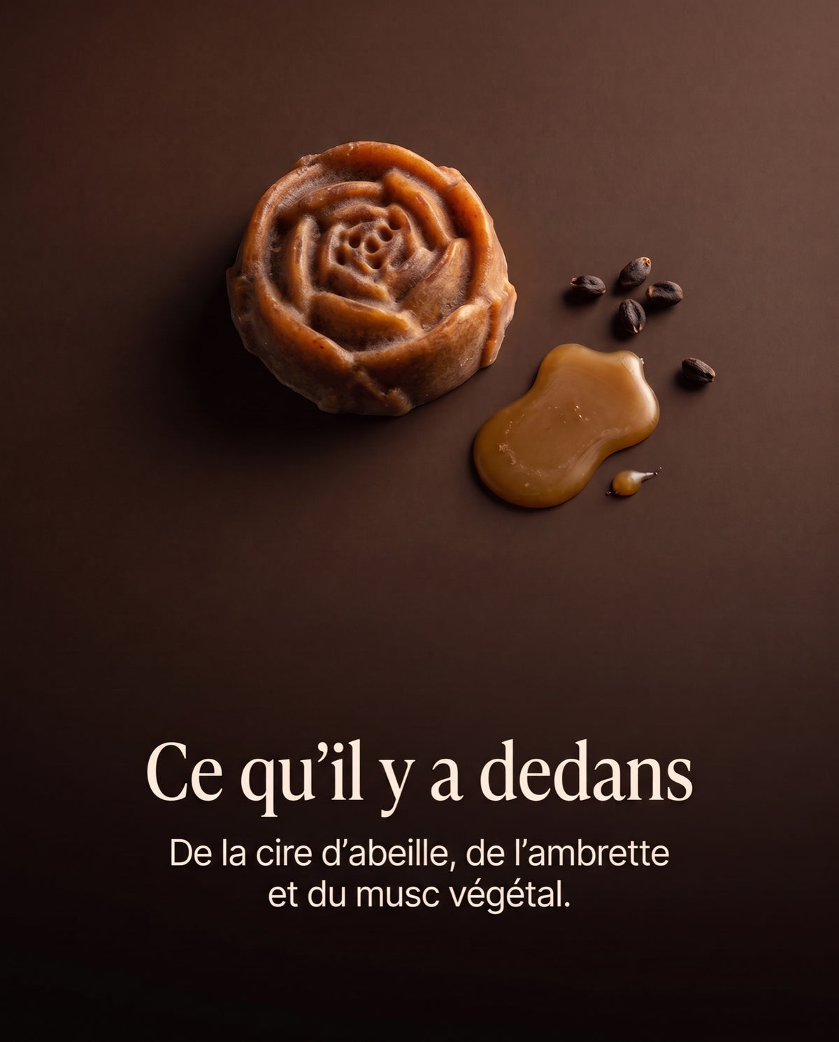 Composition de la Fleur d'Ambre : cire d'abeille, ambrette et musc végétal